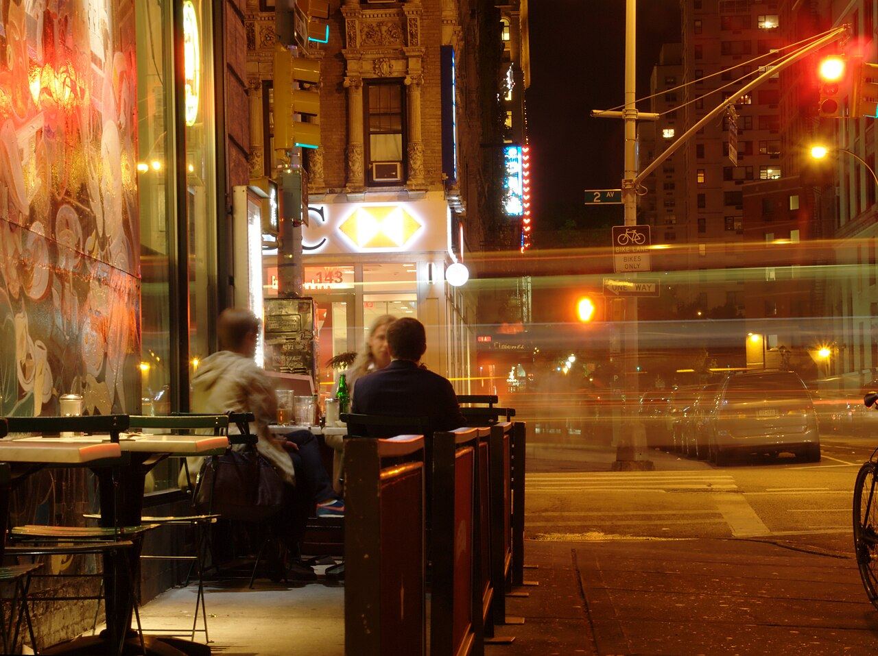 An East Village sidewalk at night